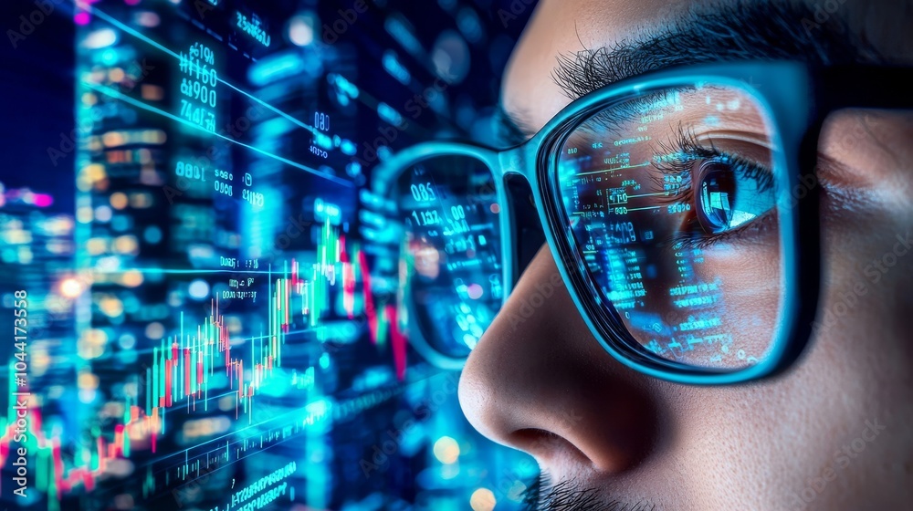 Poster eyeglasses reflecting data on a man's face. computer programmer and user experience designer concept