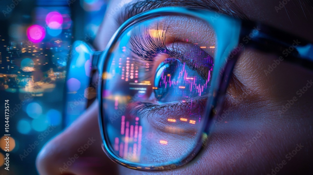 Poster computor programmer big data and ux designer concept showing data reflected on eyeglasses on a man's
