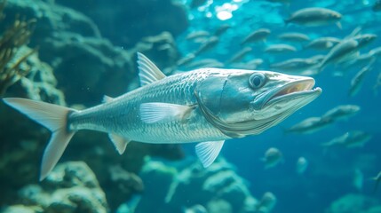 Fototapeta premium Majestic Tarpon Hunting Prey in Deep Sea Waters - Ultra-Detailed Underwater Predator Photo