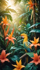 Fotobehang Tropical exotic pattern with animal and flowers in bright colors and lush vegetation © Danish