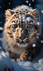 Fototapeta premium Close-up of an elusive snow leopard -Panthera uncia- traversing the rugged mountainous terrain.