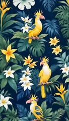 Tropical exotic pattern with animal and flowers in bright colors and lush vegetation