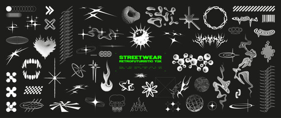 Y2K-inspired, streetwear and retrofuturism, featuring abstract symbols, flames, spikes, stars, and dynamic lines. Y2K graphic box for typography, apparel, t-shirt, merch. Vector elements streetwear