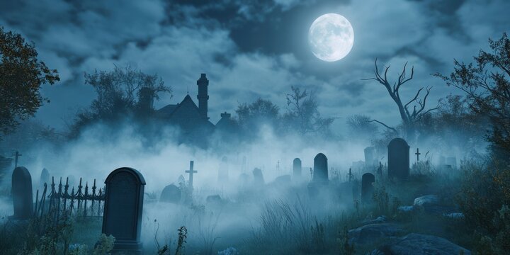 A spooky graveyard scene with fog rolling in, tombstones, and a full moon