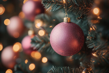 Weihnachtsstimmung mit rosafarbenden Christbaumkugeln an einem Tannenbaum, Weihnachtsstimmung in rosa gold mit warmen Lichtern, Festlich geschmückter Christbaum