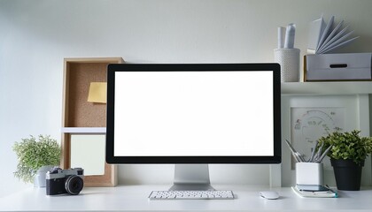 Designer desktop with empty white computer screen