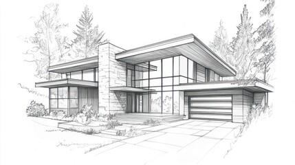 A detailed architectural sketch of a modern house featuring large windows, a flat roof, and surrounding greenery.