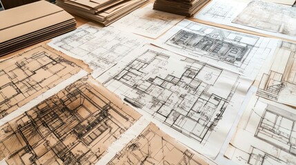 Detailed architectural blueprints and plans are spread across a table, showcasing various designs and technical drawings.