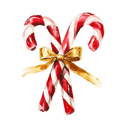 Watercolor Candy Canes with Golden Bow Christmas Decoration (generative ai)