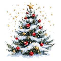 Watercolor Christmas Tree with Red Ornaments and Snow (generative ai)