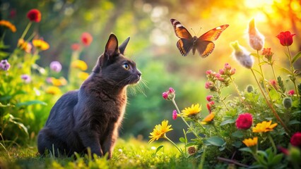 Curious Black Cat and Playful Bunny Chasing Butterfly in Sunny Garden - Adorable Animal Scene