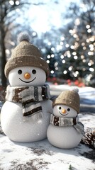 Obraz premium Cheerful snowmen adorned with scarves smile amidst a snowy landscape filled with festive decorations and a dazzling bokeh effect