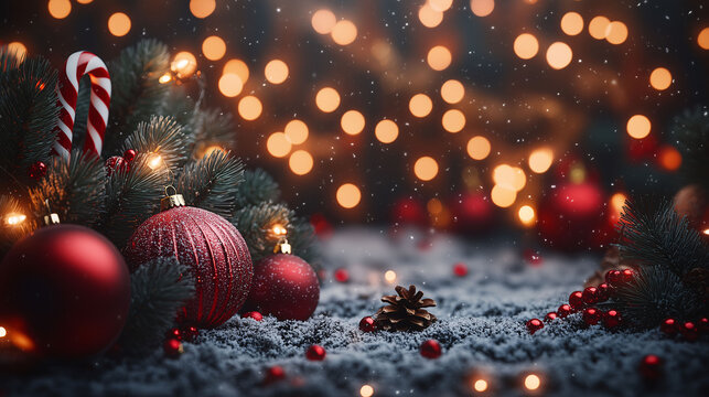 Weihnachtsstimmung mit weihnachtlichen Elementen in feinem Bokeh, Weihnachtsstimmung mit Weihnachtsschmuck und warmen Lichtern