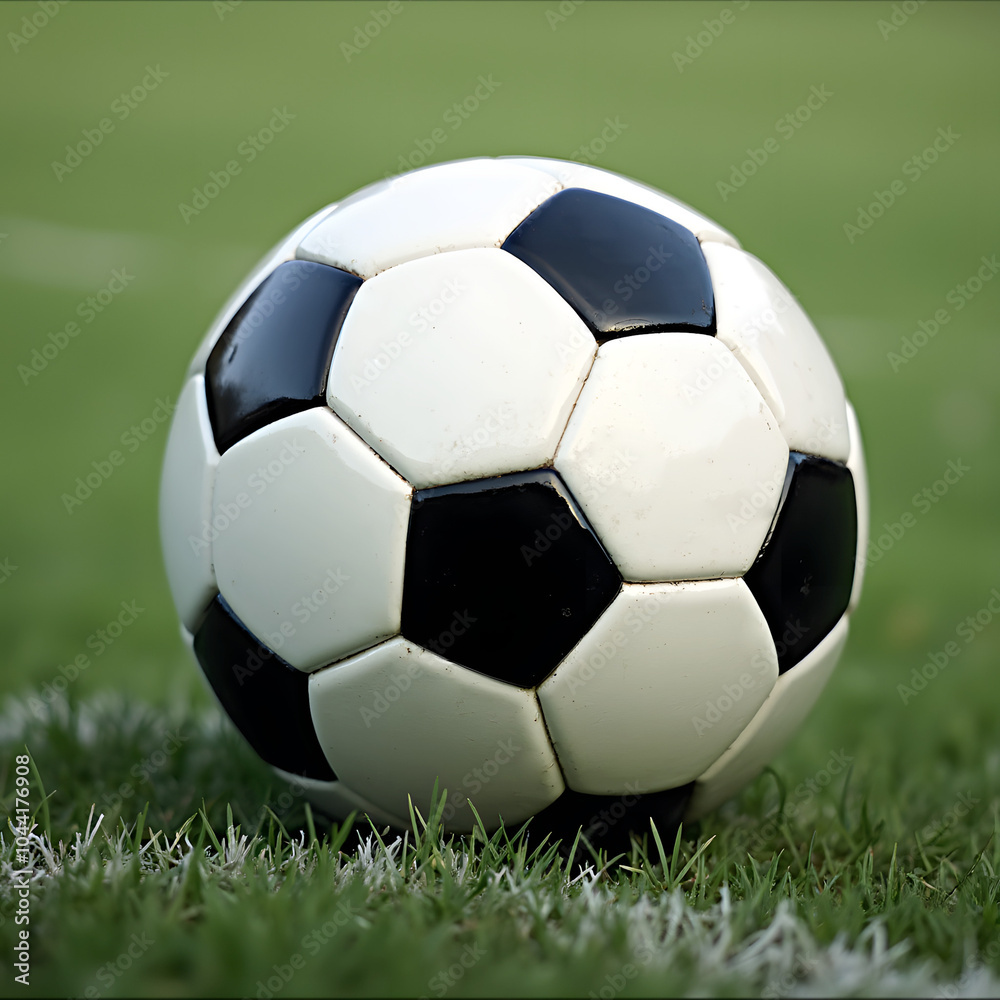 Wall mural close-up of classic black and white soccer ball on green field grass