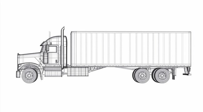 Technical drawing of semi truck in wireframe design. blueprint, 3D model, engineering, transportation, vehicle structure, semi-trailer sketch, mechanical illustration, technical transport modeling.