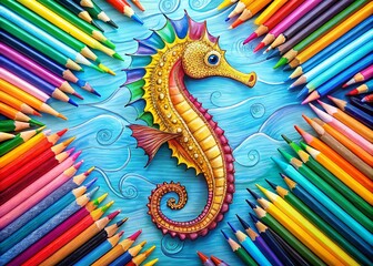 Obraz premium Cute Seahorse Coloring Page for Kids - Fun Underwater Art with Pencils and Bright Colors