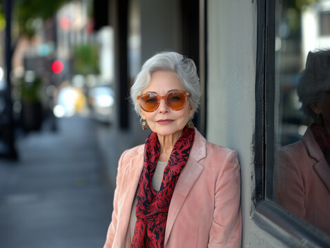 Portrait of an Elegant Elderly Woman in Sunglasses on a City Street