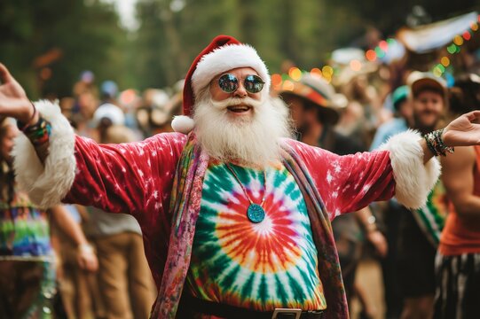 Santa Claus wearing a tie dye shirt and sunglasses is having fun with open arms at an outdoor music festival - Powered by Adobe