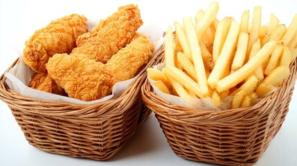 Delicious Chicken Strips and Crispy Fries in Serving Baskets Generative AI