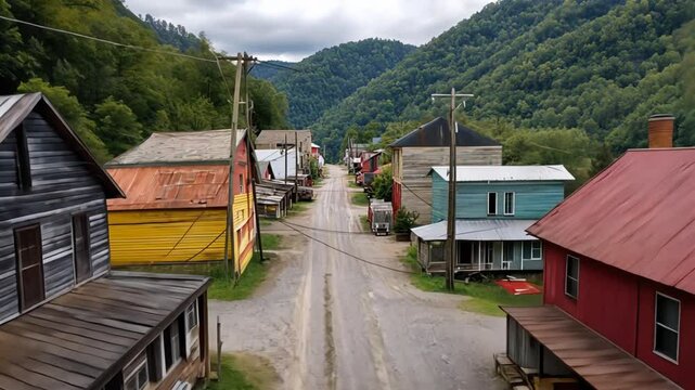 A narrow road winds through a small town nestled in a valley. Wooden buildings line both sides of the road, with varied colors and styles. Green hills surround the town.