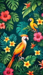 Fototapeta premium Tropical exotic pattern with animal and flowers in bright colors and lush vegetation