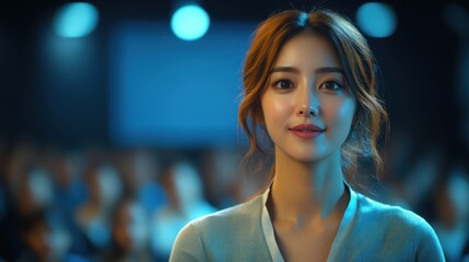 Obraz premium Confident Asian Woman in Professional Setting with Blurred Audience Background