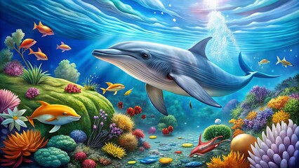 Fototapeta premium Digital Blue Whale and Dolphin Illustration for Marine Conservation Awareness