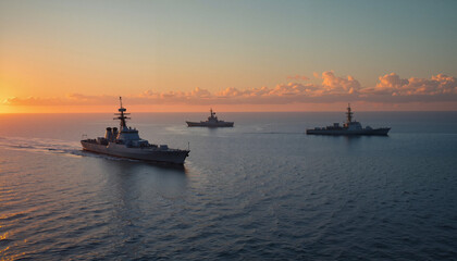 Obraz premium Naval ships sailing at sunset on calm ocean
