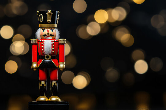 Classic red nutcracker toy soldier is standing at attention on a stage with sparkling golden lights in the background