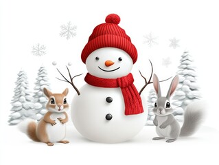 Fototapeta premium Cheerful Snowman with Red Hat Surrounded by Winter Wildlife and Snowy Trees