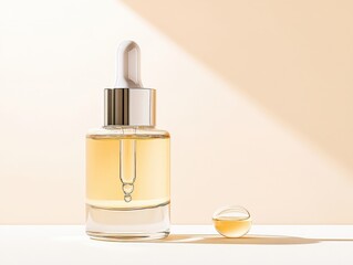 Naklejka premium Sleek Glass Dropper Bottle with Golden Serum Against Minimalist Beige Background