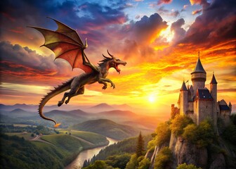 Fototapeta premium Dragon Silhouette Over Medieval Castle at Sunset - Fantasy Landscape Photography