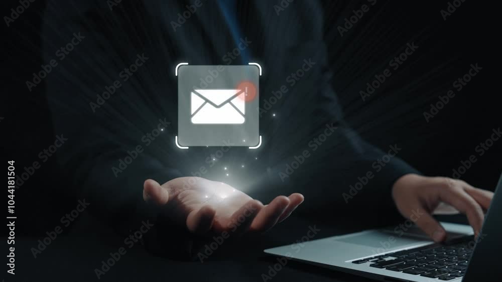 Poster business person checking email inbox, organizing and prioritizing messages for better productivity. 