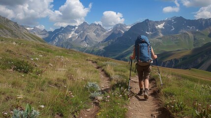 Obraz premium A lone hiker treks along a narrow path back facing the camera as they conquer the steep terrain of a stunning mountain range. . .