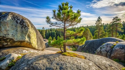 Scenic view of small pine tree with three large boulders in Swedish forest