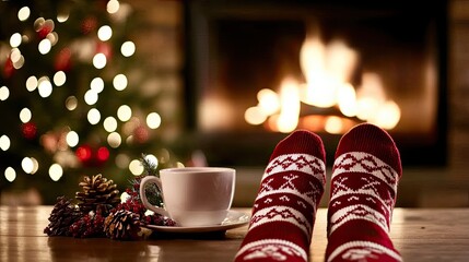 Womans feet in woolen socks rest on a table beside a warm drink and open book, creating a cozy atmosphere during winter