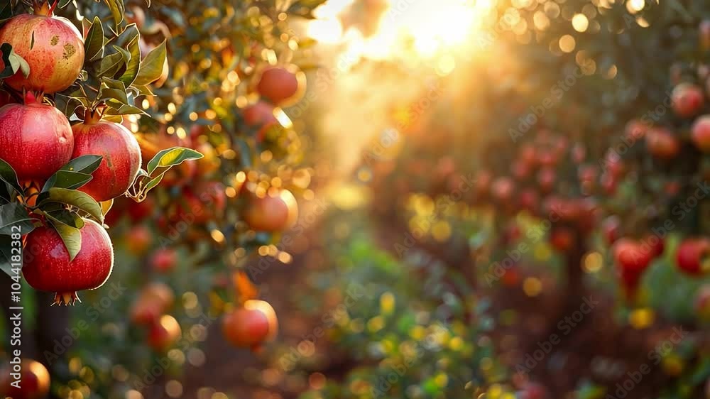 Poster This Ripened apples hang from branches as warm sunlight filters through the trees in the orchard.