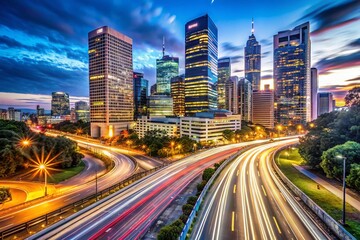 Fototapeta premium Dynamic Long Exposure Business Cityscape at Night with Light Trails for SEO Optimization