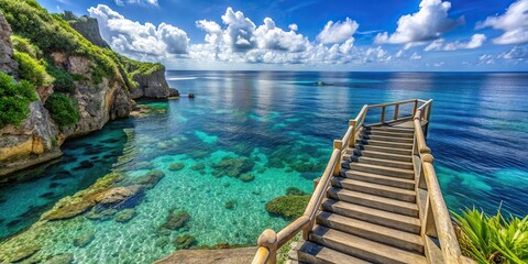 Obraz premium Scenic view of Spanish Steps at Orote Point Guam overlooking calm ocean and sunshine