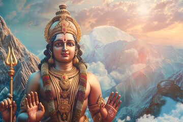 Lord Murugan posing in front of a majestic snowy mountain range landscape, holding his weapon, a trident