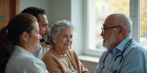 Obraz premium A family consisting of mother, father, grandmother and grandfather are consulting a doctor with happy, hopeful facial expressions with an empty background on the side.