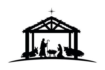 Christmas Nativity scene background. Black silhouettes isolated on white. Vector illustration.