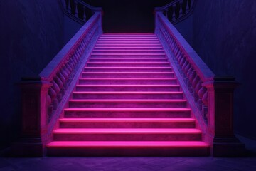 Fototapeta premium A staircase illuminated with vibrant pink lighting, creating a dramatic and atmospheric effect in a dark setting.