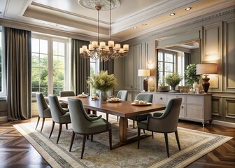 Fototapeta premium Elegant Dining Room Interior with Modern Decor and Natural Light – Perfect for Home Design Inspiration