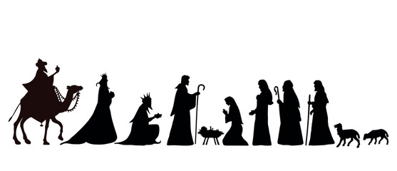 Christmas Nativity scene background. Black silhouettes isolated on white. Vector illustration.