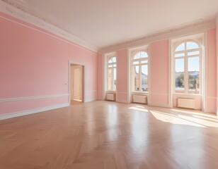 Obraz premium Elegant classical pink room with tall windows and golden accents in a historic building