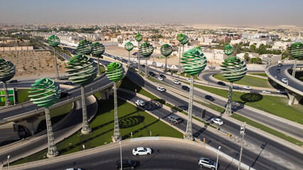 Riyadh City Saudi Arabia , Drone view of busy motorway The Green Field  KSA - Drones Photography