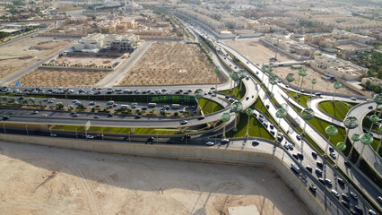Riyadh City Saudi Arabia , Drone view of busy motorway The Green Field  KSA - Drones Photography