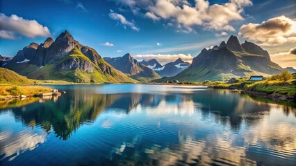 Obraz premium Scenic view of sunny lake and mountains with fog in Lofoten