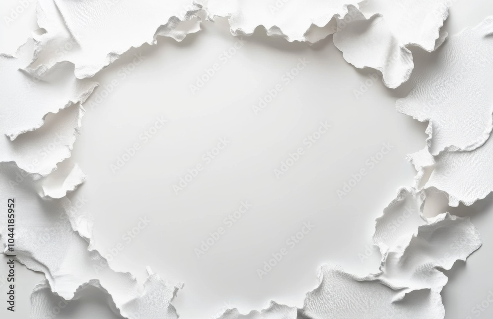 Aufkleber White paper with torn edges forming a circular frame on a white background, top view. White blank space for text or message. An abstract round hole in the ripped texture of the white textured surface